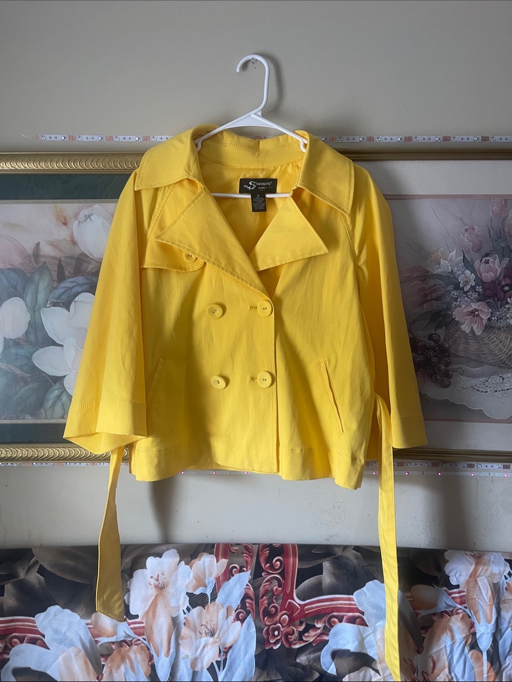 Sharagano Sunny Yellow Double-Breasted Cropped Trench Coat